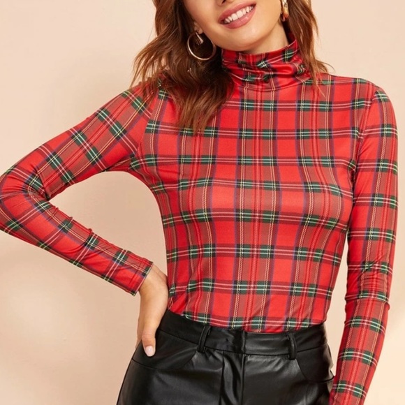 🆕High neck fitted tartan plaid full sleeve top - Picture 2 of 7